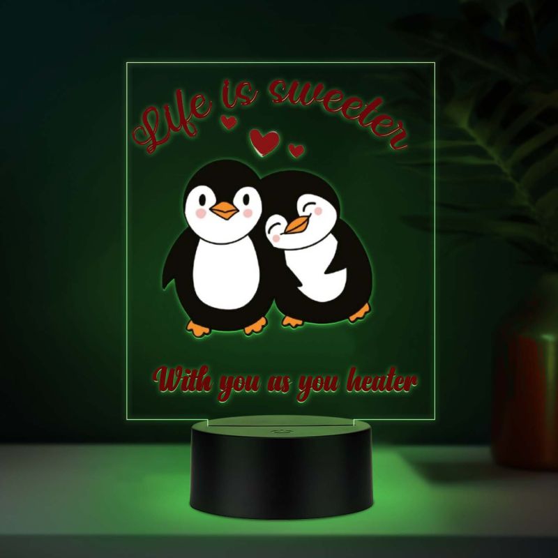 Cute Romantic Couple Penguins Design Acrylic UV Printed LED Night Lamp with Automatic Color Changing Light Gift for Couples